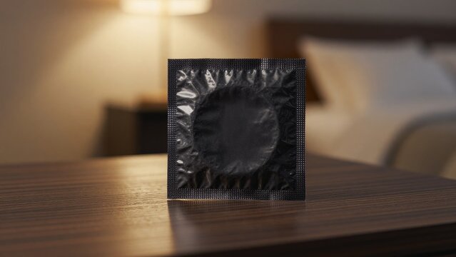 Unopened Condom Pack on Wooden Table in Modern Bedroom Setting