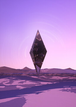 Floating Crystal Over Abstract Purple Desert Landscape