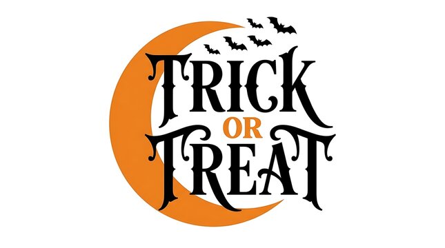 Festive halloween lettering with a crescent moon and flying bats illustration