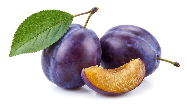 Two whole plums and one plum slice with leaf fruit