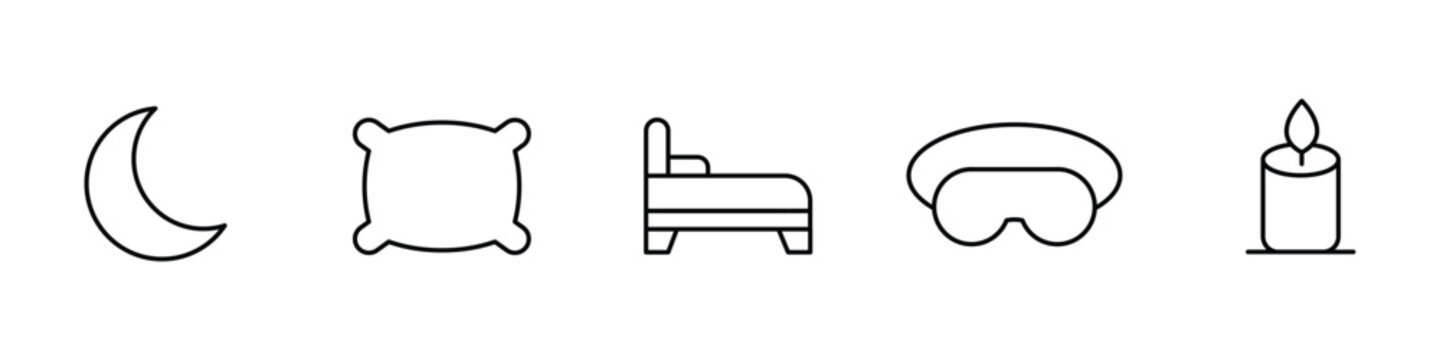 Set of sleep and rest icons including moon, pillow, bed, eye mask, and candle