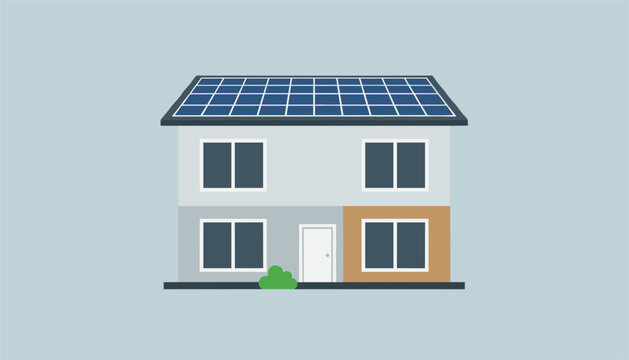Tall blue shaded two level family duplex house design with integrated rooftop solar panels represents renewable electricity for modern residential homes.