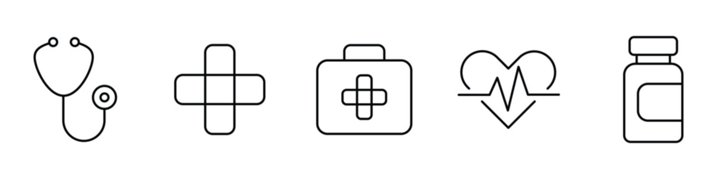Set of medical and healthcare line icons including stethoscope, bandage, first aid kit, heart and pill