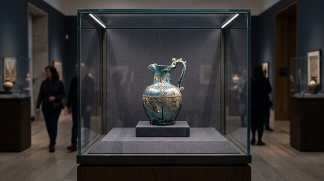 Ancient ornate pitcher displayed in a museum glass case with visitors in the background