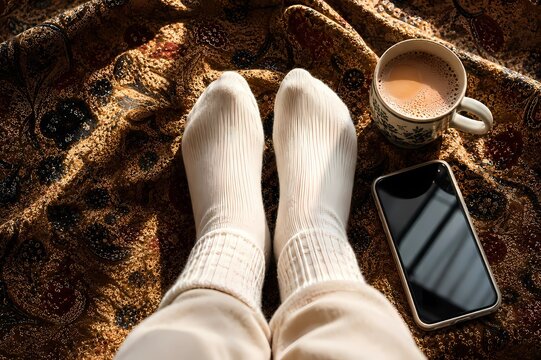 Cozy Malaysian Morning with Feet in Knit Socks, Teh Tarik and Smartphone on Batik Fabric