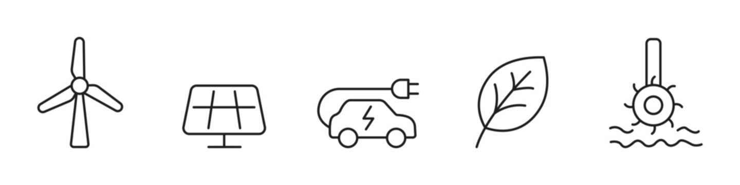 Set of sustainable energy and ecofriendly icons including wind turbine, solar panel, and electric car
