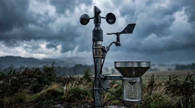 Weather station with anemometer and rain gauge in stormy weather with heavy rain and dark clouds