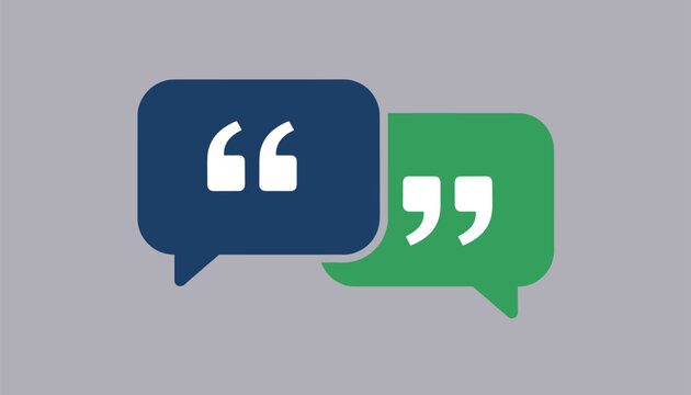 Modern vector communication icon featuring overlapping dark blue and green speech bubbles containing quotation marks.