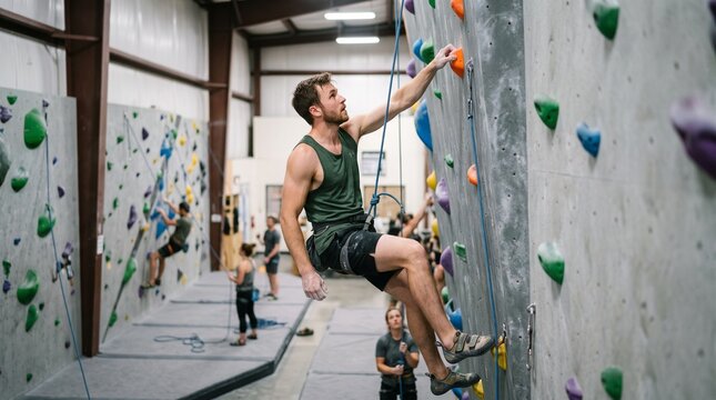 Man Climbing Indoors On A Rock Climbing Wall With Colorful Holds And Safety Rope