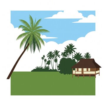 Minimalist Flat Vector Illustration of Tropical Landscape with Coconut Palm Tree and Traditional Stilt House