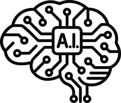 Artificial intelligence brain icon, digital neural network vector, AI microchip processor in human mind, machine learning concept