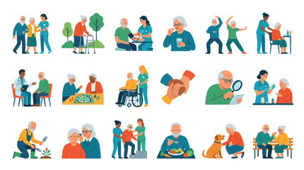 Fototapeta premium Elderly Care and Senior Lifestyle Flat Vector Illustration Set: Healthcare, Assistance, and Active Living for Older Adults