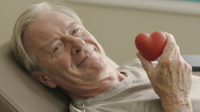 Elderly Man Holding Red Heart-Shaped Stress Ball with Smile