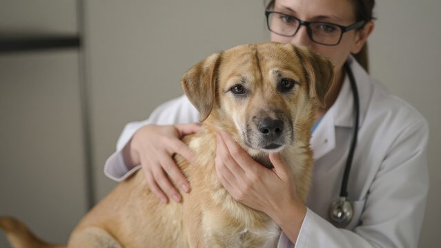 Caring veterinarian with a cute dog in a clinic setting