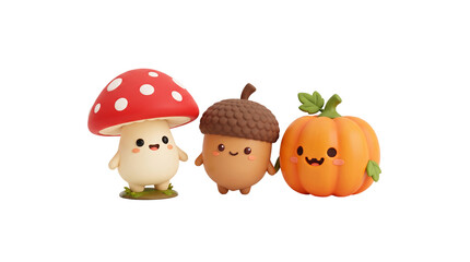 Naklejka premium Cute Kawaii Autumn Characters Mushroom Acorn Pumpkin Isolated on Transparent Background 
