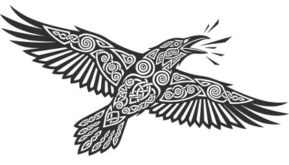 Fototapeta premium Celtic style raven illustration showing a black bird in mid flight decorated with intricate traditional Nordic knot patterns.