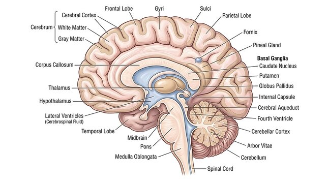 Detailed labeled diagram of human brain anatomy with cerebral cortex regions