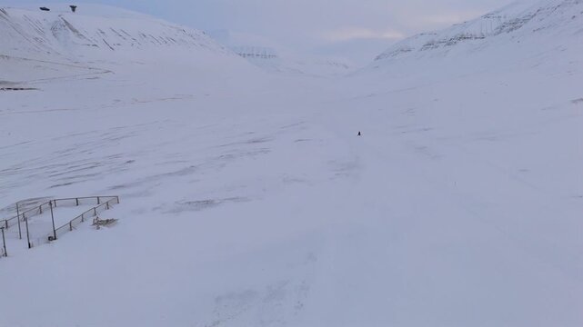 A lone snowmobile rider crosses a wide snowy valley in Svalbard, Norway, with a row of sled dog kennels and distant mountains visible, drone push forward