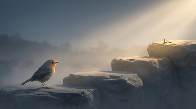 A robin bird perched on stone stairs in a soft sunbeam eyeing a worm, a visual metaphor for how the early bird gets the worm in professional photography.