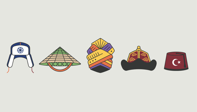 Row of traditional cultural hats including ushanka, conical hat, turban, mongolian hat, and turkish fez.