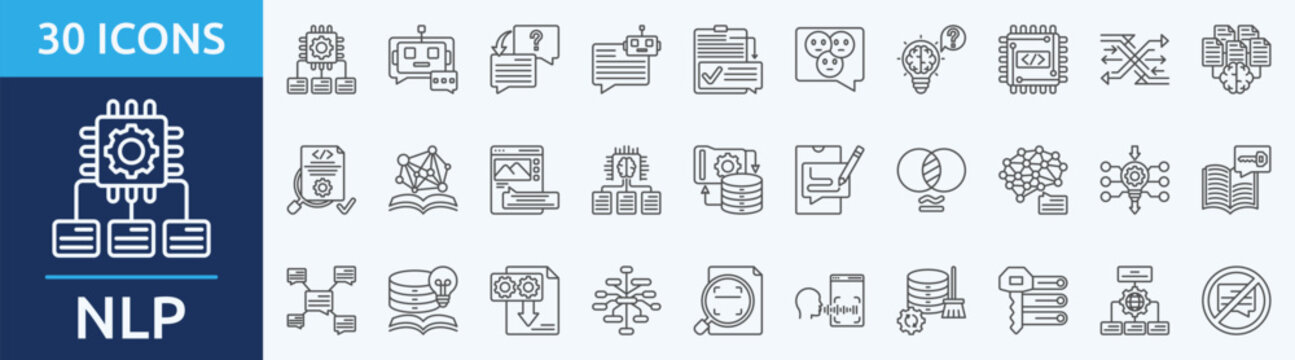 NLP - Icon Collection. Thin outline Set contains such Icons as chatbot, response generation, sentence, summarization and more. Simple web icons set
