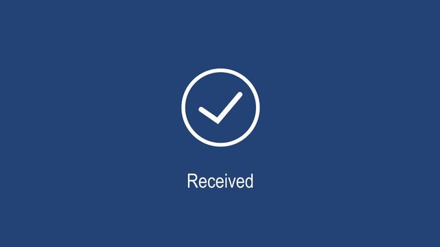 Minimalist animated checkmark with received text label on a solid navy blue background, digital interface feedback, e-commerce order confirmation, task completion, and ui/ux