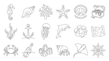 Fototapeta premium Black and White Line Art Marine Life and Nautical Objects Icon Set - Ocean Symbols Sea Creatures Collection