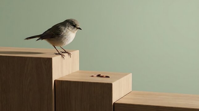 Early bird gets the worm metaphor illustrated with a small bird perched on modern wooden stairs in a clean, minimalist studio setting with soft natural light.