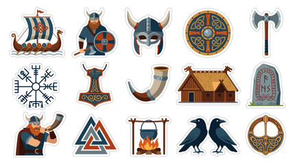 Naklejka premium Viking Symbols and Icons - Flat Vector Illustrations of Norse Mythology and Culture