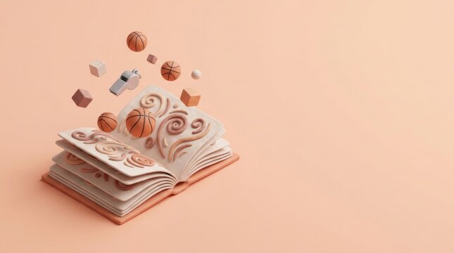 3D isometric illustration of magical open notebook with floating basketball on pastel peach background