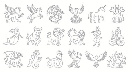 Fototapeta premium Mythological Creatures Line Art Vector - Fantasy Animals Illustrations