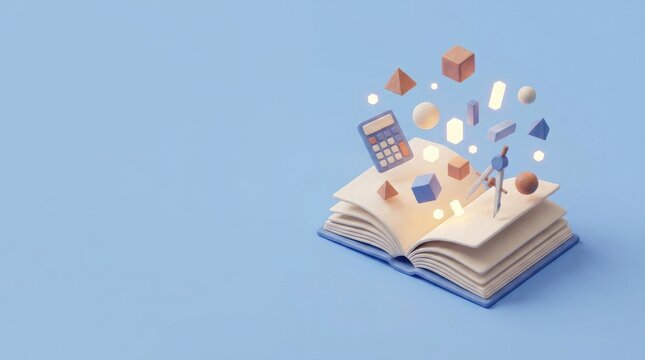 3D isometric illustration of magical open math book with calculator on pastel blue background