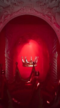 3D Animation of Enchanted Golden Crown Levitating in Infernal Sanctuary with Crimson Lighting