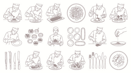 Obraz premium Culinary Chef Preparing Food Dishes Line Art Vector Illustration Set. Professional Cooking, Plating and Garnishing Steps.