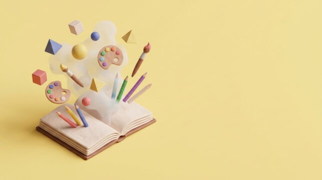 3D isometric illustration of magical open sketchbook with art supplies on pastel yellow background