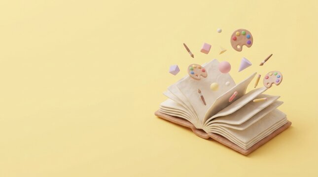 3D isometric illustration of magical open sketchbook with art supplies on pastel yellow background