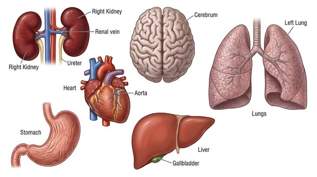 Assortment of raw beef organs including liver heart kidney lungs on a white