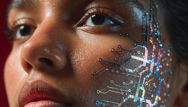 Close-up of a person's face with digital circuit patterns overlaying the skin, symbolizing the fusion of human and technology.