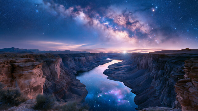 eep canyon under a spectacular star-filled night sky, bright Milky Way stretching above dramatic cliffs, moonlight revealing detailed rock formations, peaceful wilderness.