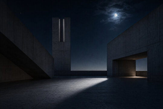 Modern concrete architecture at night with moonlight and shadows. Minimalist building design, dark interior, brutalist structure, architectural photography