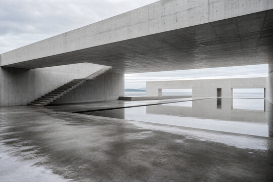 Minimalist concrete architecture detail, modern brutalist building exterior, raw cement texture, wet pavement reflection, abstract urban design elements