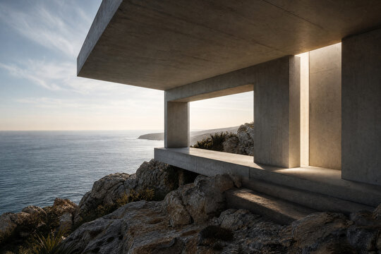Minimalist concrete architecture by the sea, modern brutalist house exterior on cliff, abstract textured design details with ocean view