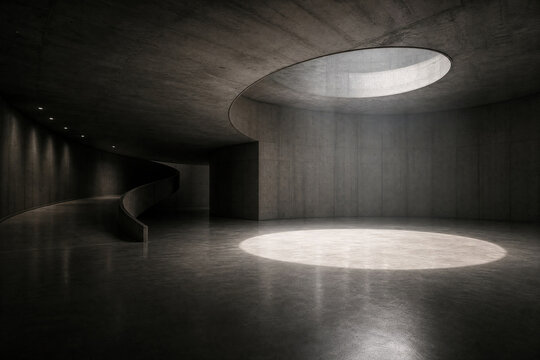 Minimalist concrete room interior design, circular skylight and bright sunbeam, modern raw architecture texture, empty industrial negative space for text