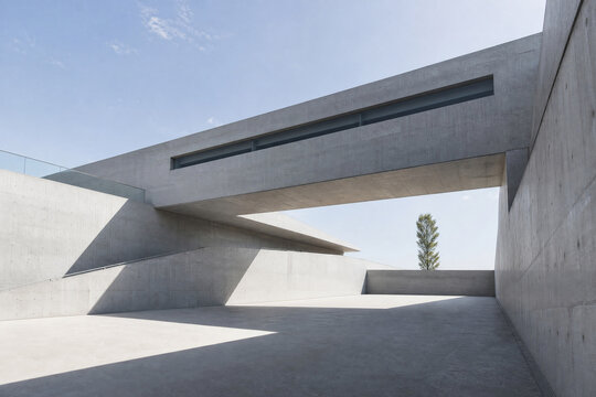 Modern minimalist concrete architecture facade. Abstract brutalist building exterior design. Geometric grey structure with shadows. Sunlit concrete walls and narrow windows. Contemporary house