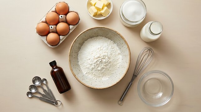 Baking ingredients in a bowl with eggs flour milk and whisk for cooking in the kitchen. beginner baking guide