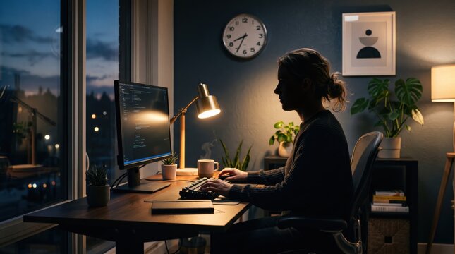 Female software developer coding on computer screen late at night in cozy home office, programmer writing code lines, remote work lifestyle, focused concentration under warm lamp