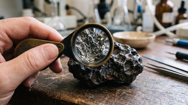 Scientist examining a meteorite with a magnifying glass in a laboratory setting with scientific equipment in the background