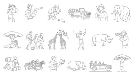 Naklejka premium Safari Line Art Icons: Wildlife, People, Vehicles, and Nature
