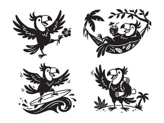 Naklejka premium Cute black toucan bird cartoon mascot characters isolated on white background for tropical vacation graphics.