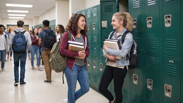 Two happy female high school students holding books talk and laugh by green lockers in a crowded hallway.